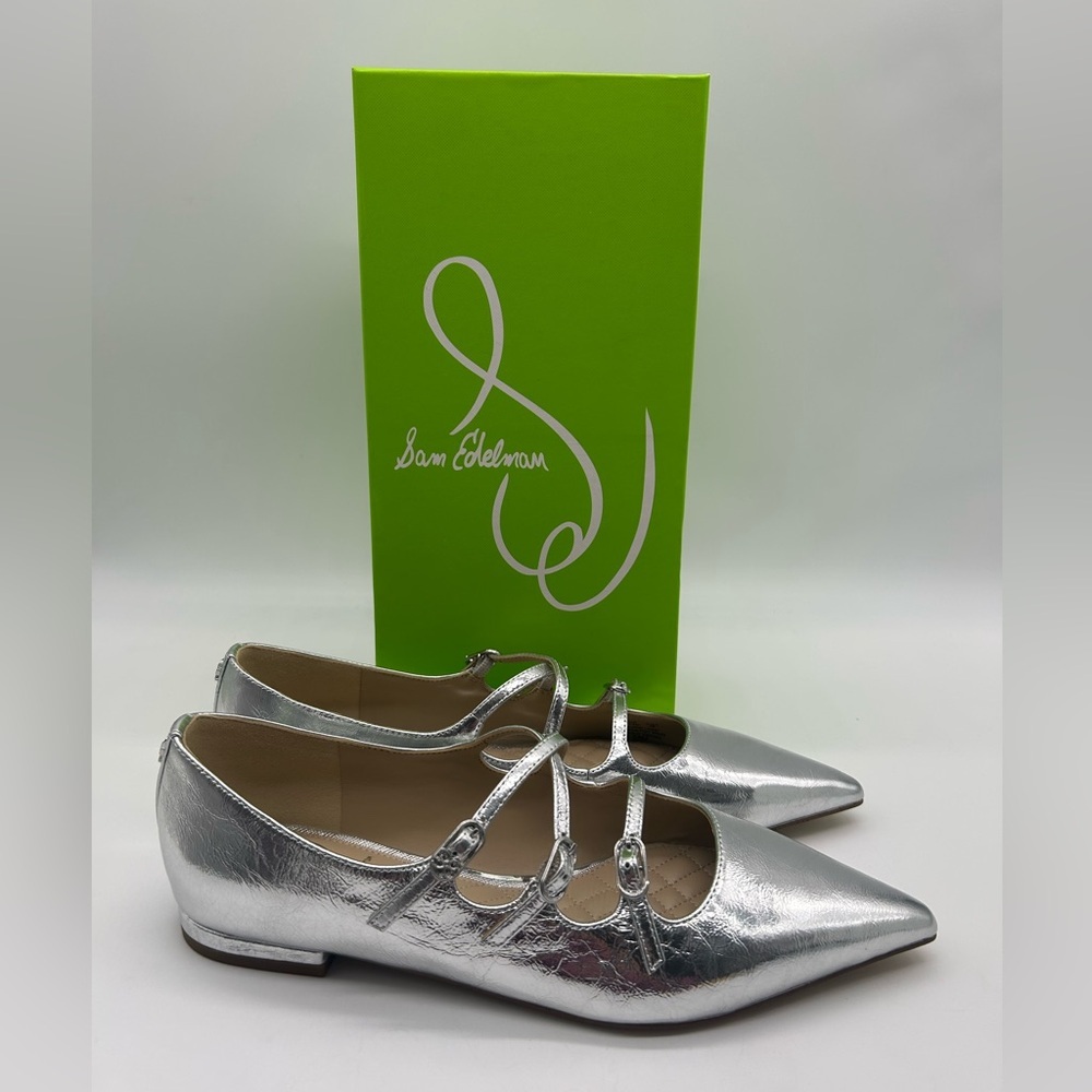 Sam Edelman Cass Silver Leather Pointed Toe 3-Strap Flats Sz 7.5 M New
With Box - Picture 11 of 11